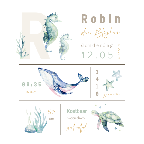 Geboortegegevens geboortekaartje unisex met voorletter en zeedieren