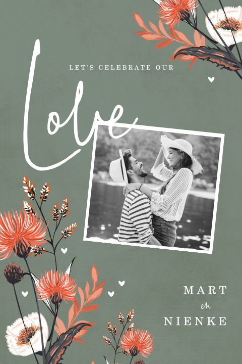 Hippe foto trouwkaart met romantische bloemen