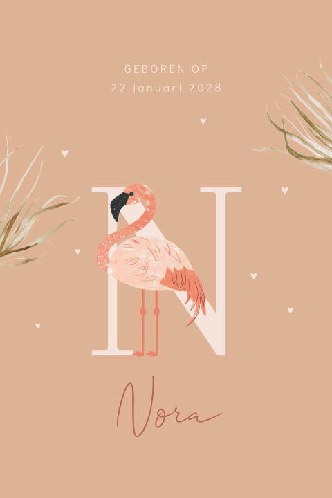 Voorletter geboortekaartje meisje met flamingo en takjes