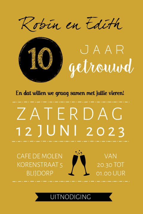 10 jaar getrouwd uitnodiging typografisch champagne
