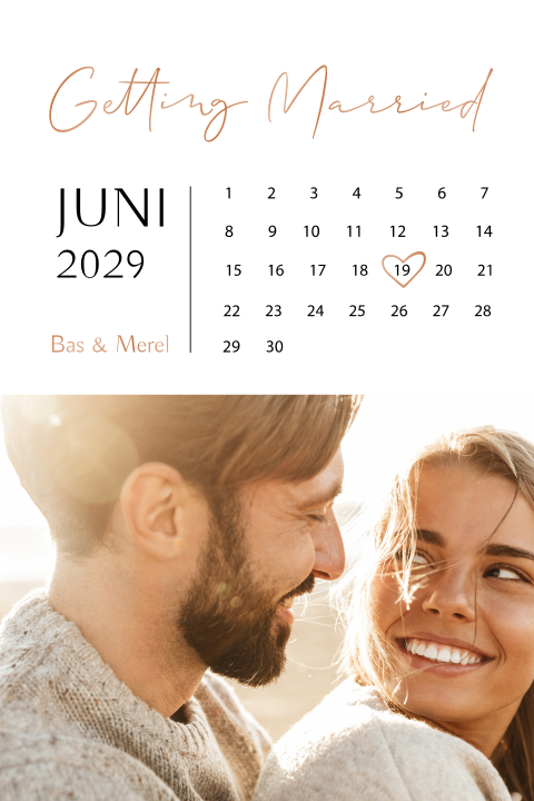 Foto trouwkaart met hoogglans, ronde hoeken en kalender