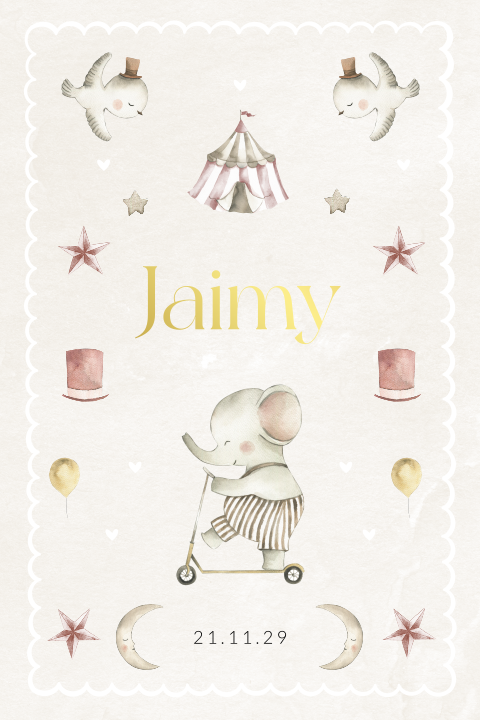 Lief unisex geboortekaartje met olifant in circus