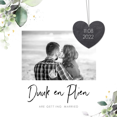 Trouwkaart Basic Botanisch met foto en label hart