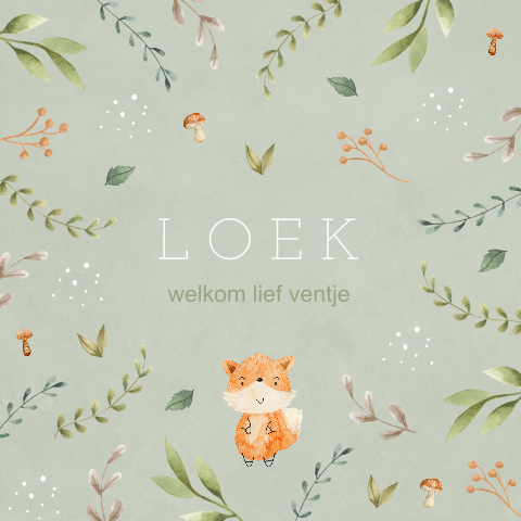 Herfst jongens geboortekaartje met lief vosje en takjes