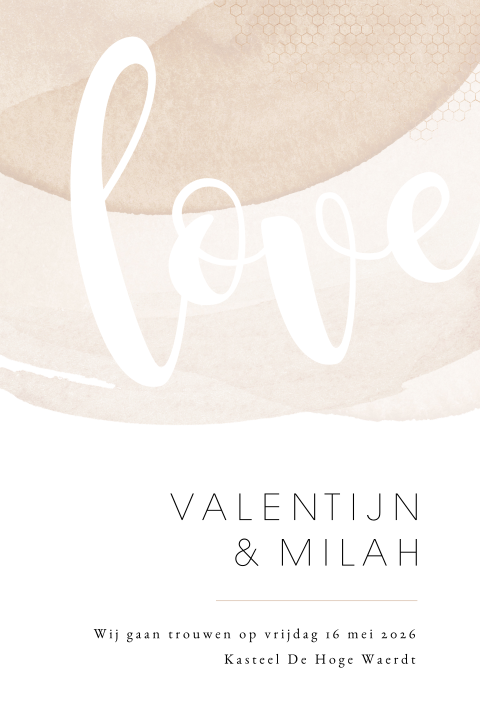 Trouwkaart met aquarel vegen en tekst "Love"