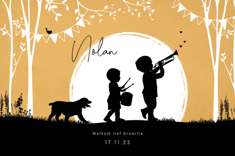 Silhouet kaartje 2 broertjes en hond met muziek instrumenten