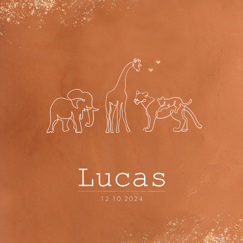Dieren pocketfold geboortekaartje olifant, giraffe, leeuw