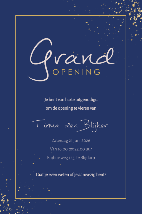 Exclusieve uitnodiging grand opening met goud en logo