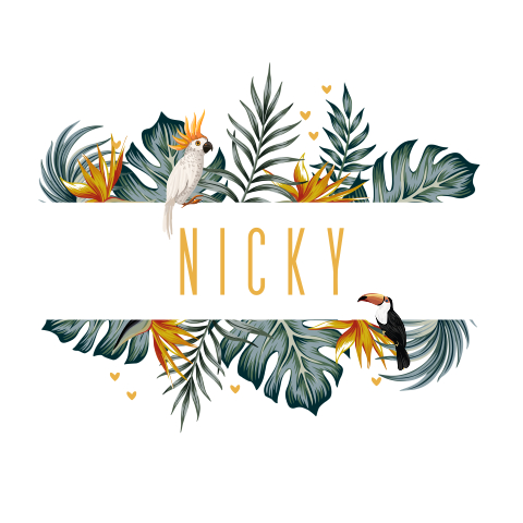 Unisex geboortekaartje met botanisch blad en tropische vogels