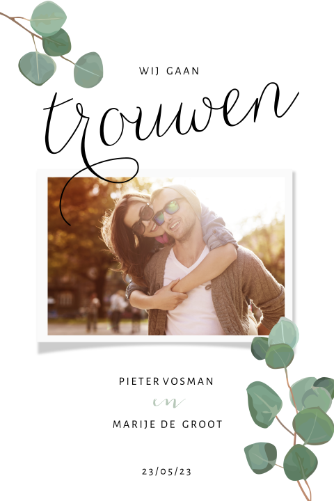 Hippe trouwkaart met foto en botanische takjes