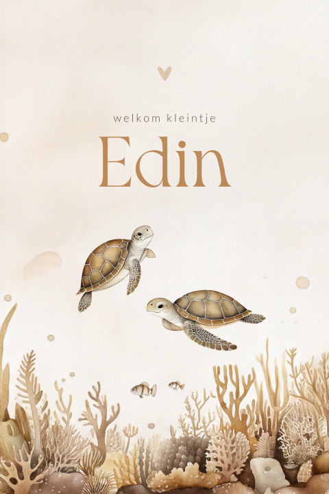 Unisex aquarel geboortekaartje onderwaterwereld met schildpadden