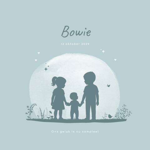 Silhouet geboortekaartje voor een broertje met grote zus en broer