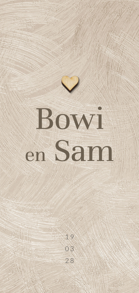 Stijlvol tweeling geboortekaartje met basic design en houten hartje