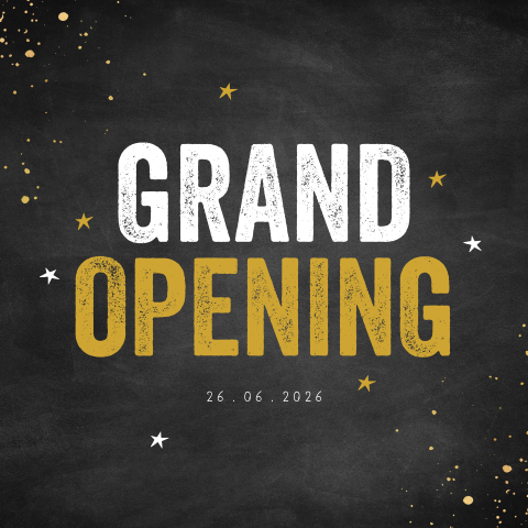 Grand opening uitnodiging met witte en gouden sterren en stippen