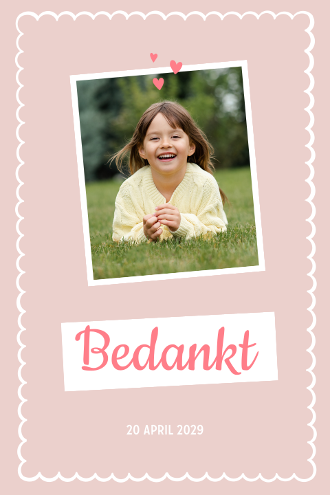 Bedankkaart communie met eigen foto en golvend kader