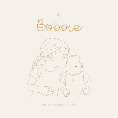 Lijntekening geboortekaartje unisex met grote zus met baby