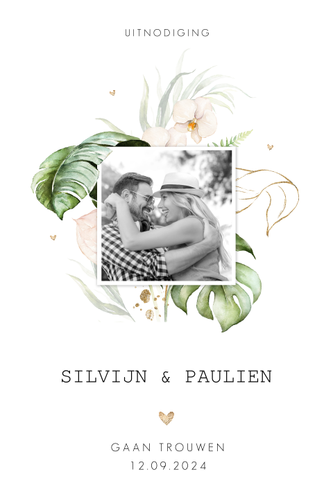 Trouwkaart met bloemen en eigen foto
