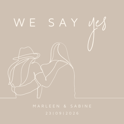 Basic huwelijksuitnodiging met one line tekening van twee vrouwen