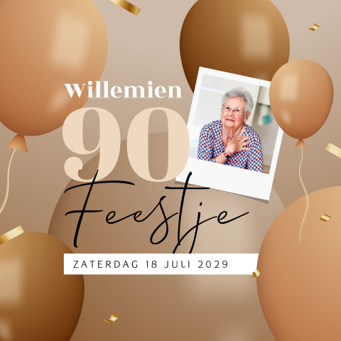 Uitnodiging verjaardag 90 jaar met foto en ballonnen en confetti
