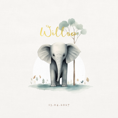 Olifant geboortekaartje unisex met goudfolie