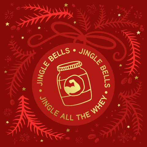 Sport kerstkaart Jingle all the whey met eiwitpoeder en dennentakken
