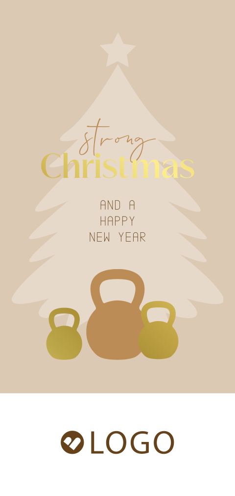 Zakelijke sportieve kerstkaart met kerstboom en kettlebell