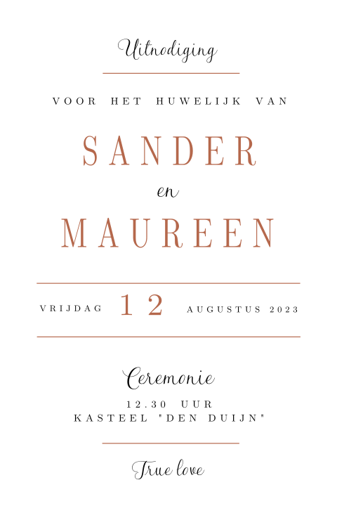 Typografische trouwkaart Clean Koper met lijnen