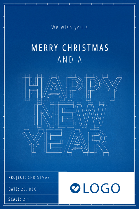Zakelijke kerstkaart met blueprint bouwtekening en eigen logo