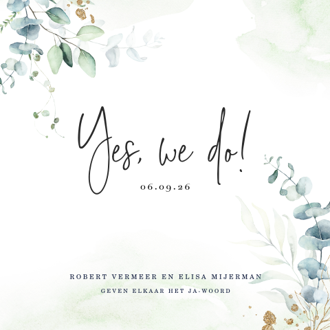 Trouwkaart Aquarel Eucalyptus met Yes we do!