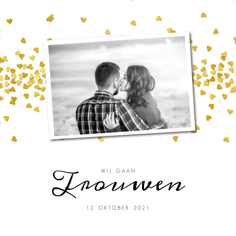 Hippe foto trouwkaart met gouden hartjes