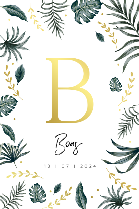 Goudfolie unisex geboortekaartje met botanisch blad