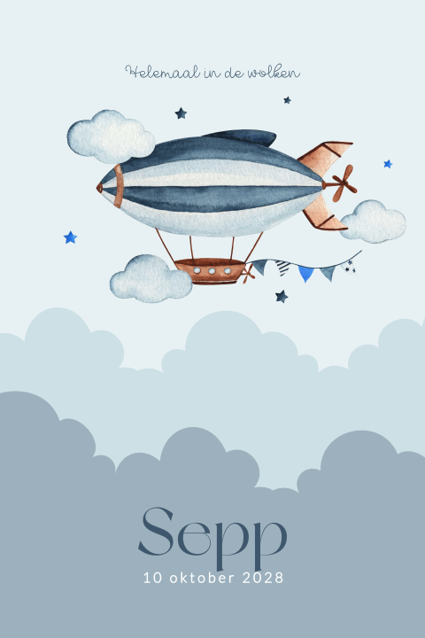 Zeppelin geboortekaartje voor een jongen met wolken