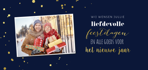 Foto kerstkaart met goudfolie en sneeuwvlokken