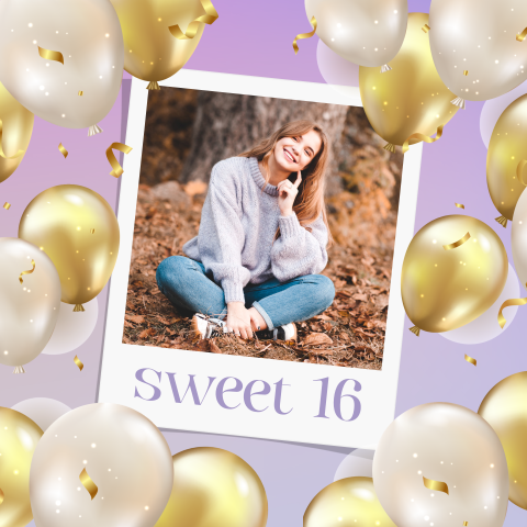 Uitnodiging verjaardag Sweet 16 met foto en ballonnen