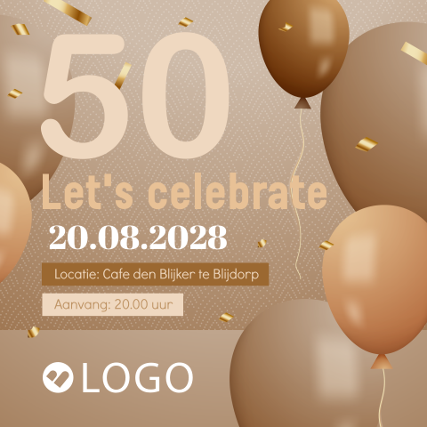 Zakelijke uitnodiging jubileum 50 jaar met ballonnen en confetti