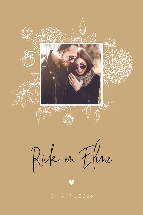 Trendy trouwkaart met foto en getekende bloemen