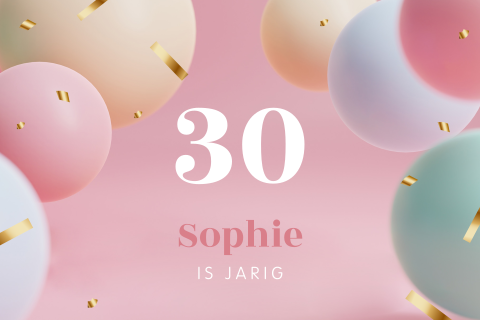 Verjaardag uitnodiging 30 jaar met ballonnen en gouden confetti