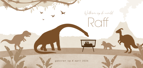 Hip silhouet jongenskaartje met dino's in vulkanisch landschap