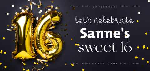 Stoere sweet 16 verjaardag uitnodiging met ballon cijfer
