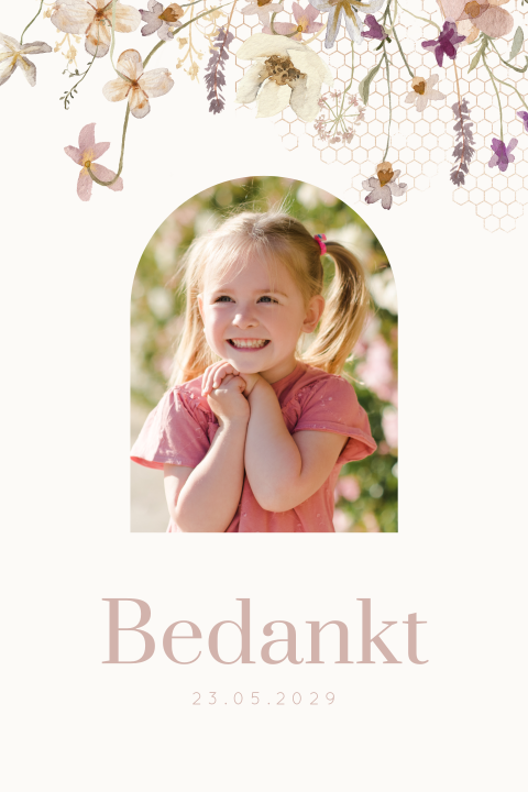 Veldbloemen communie bedankkaart met foto