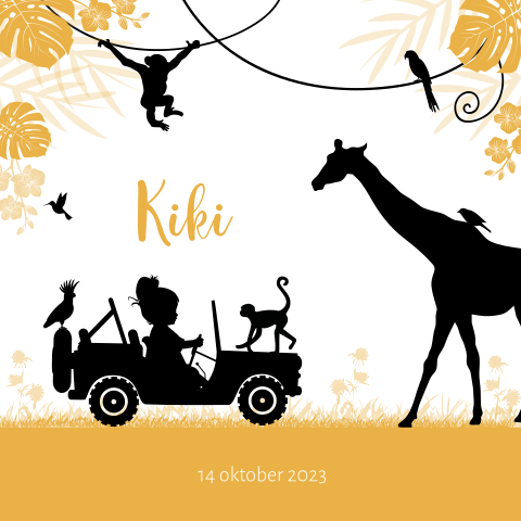 Jungle silhouetkaartje meisje in jeep met dieren