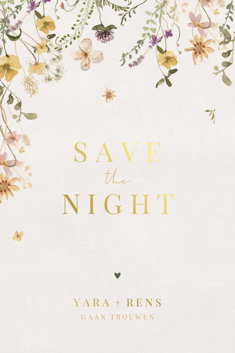 Save the night trouwkaart met kleurrijke veldbloemen en foliedruk
