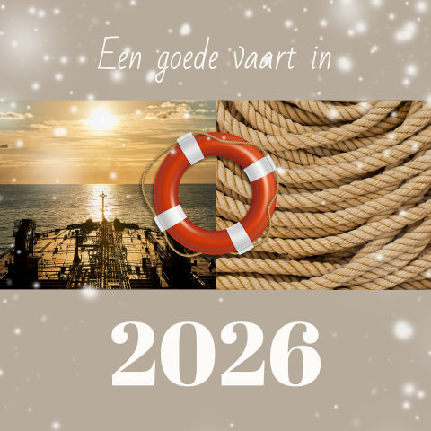 Maritiem kerstkaart met foto's schip, touw en reddingsboei