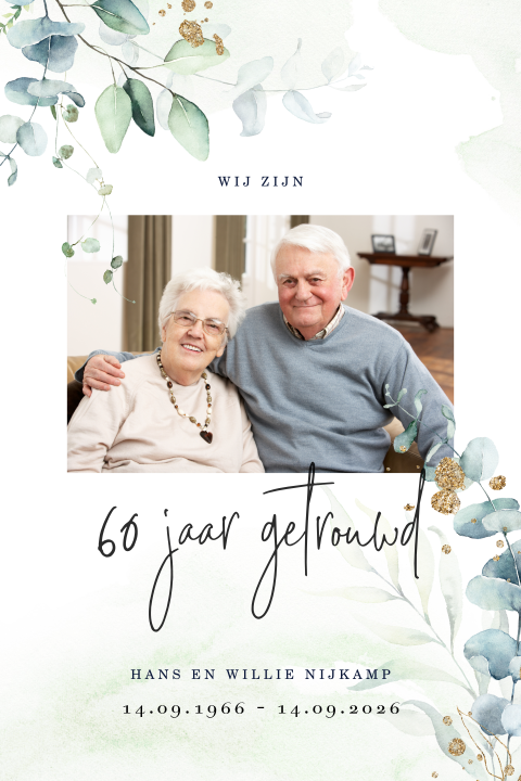Botanische aquarel jubileumkaart 60 jaar getrouwd met foto