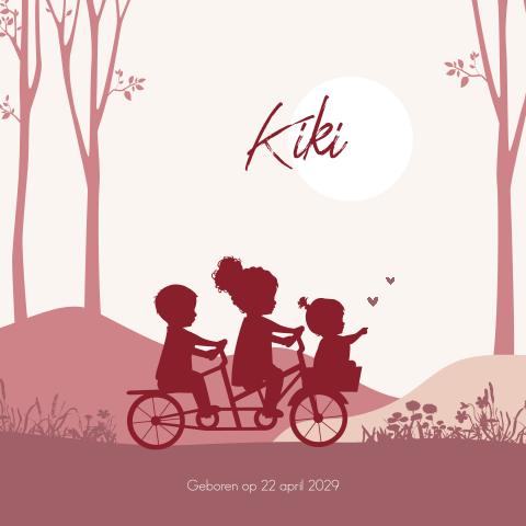 Silhouet zusje op fiets geboortekaartje voor een meisje