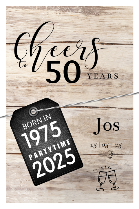 Uitnodiging verjaardag 50 jaar met hout en label