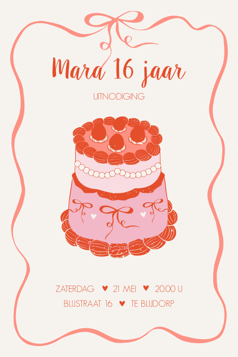 Sweet 16 verjaardag uitnodiging met taart en een strik