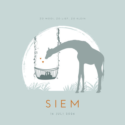 Jungle silhouet babykaartje voor een jongen in wieg met giraffe