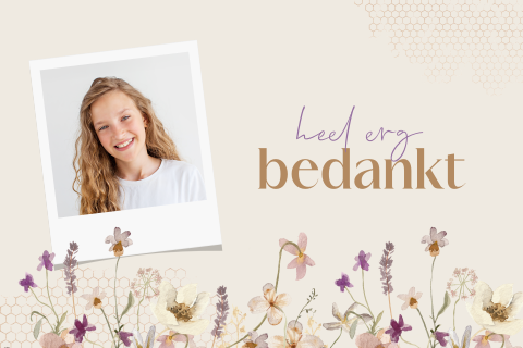 Vormsel bedankkaart met aquarel bloemen en foto