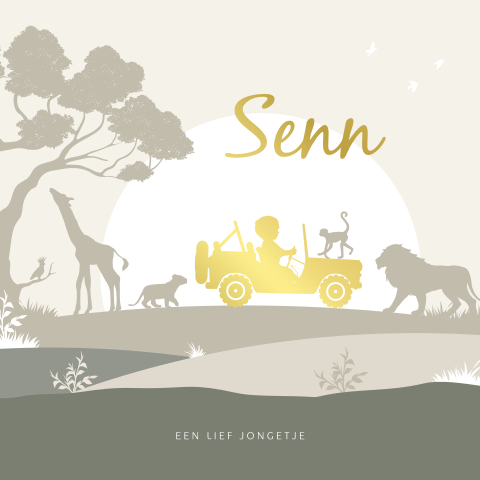 Jungle silhouet kaartje jongen in safari jeep met luxe goudfolie